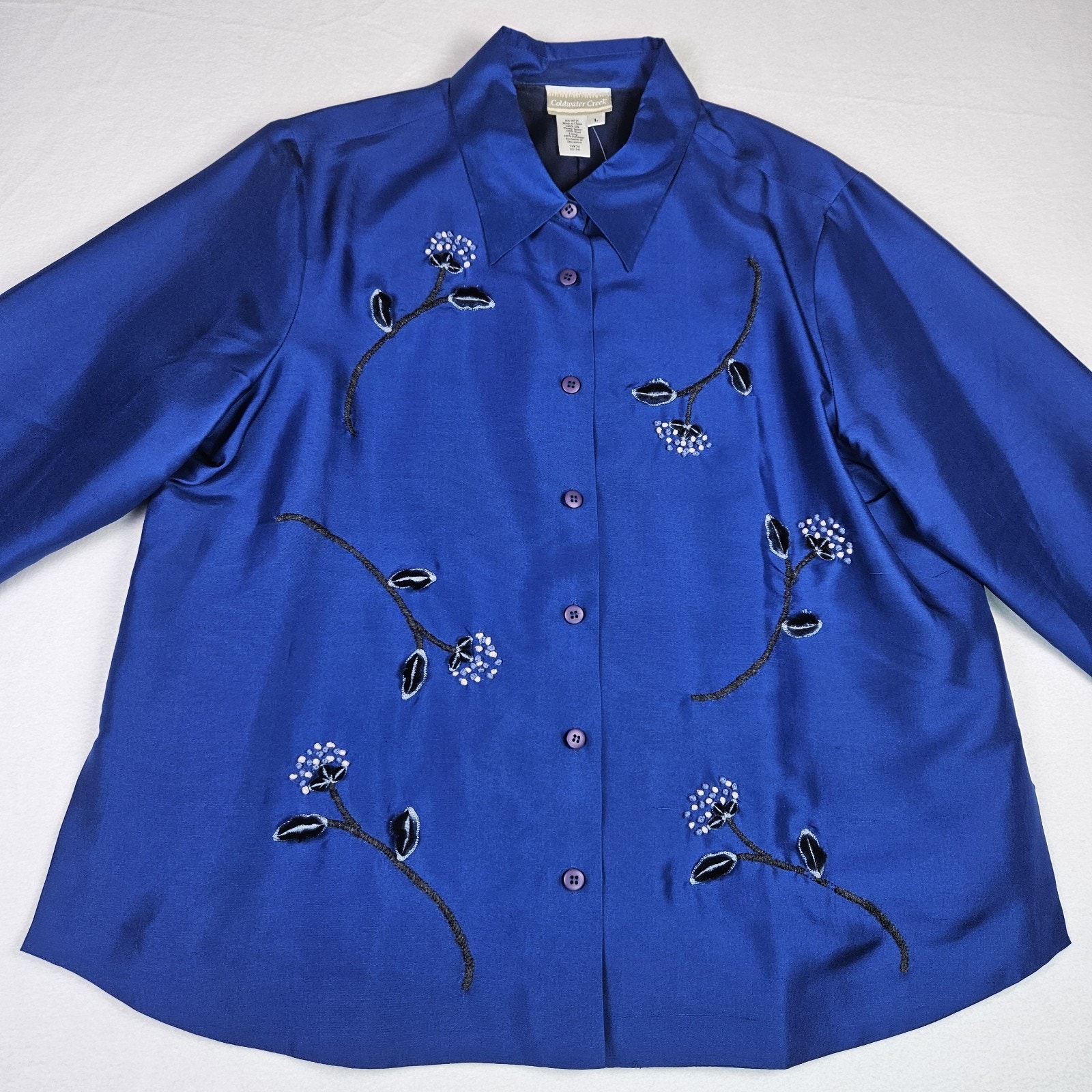 Vtg Coldwater Creek Silk Embroidered Blouse L Tunic Shirt Garden Floral 90s Y2k